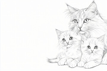 Blank coloring page of sophisticated cat family scene with detailed feline anatomy and emotional connection