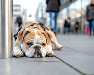 Bulldog resting on city pavement with passersby in the background, great for pet care, blogs and articles
