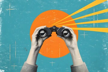 Contemporary artistic collage depicting hands holding binoculars against a blue background with orange circle
