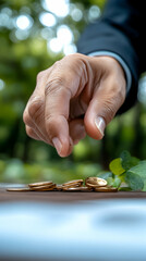 Businessman's hand placing coins on table near greenery, suggesting investment or savings concept for finance projects