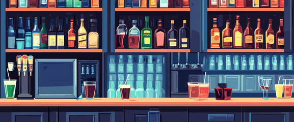 Minimalist Bar Counter with Drinks and Bottles Vector Illustration for Nightlife and Alcohol-Themed Designs