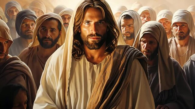Jesus Christ in prayer to the Father with the disciples next to a crowd 4K