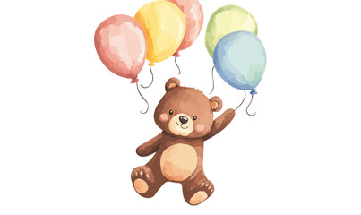 Charming Baby Bear Flying with Balloons in Minimalist Watercolor Vector Art
