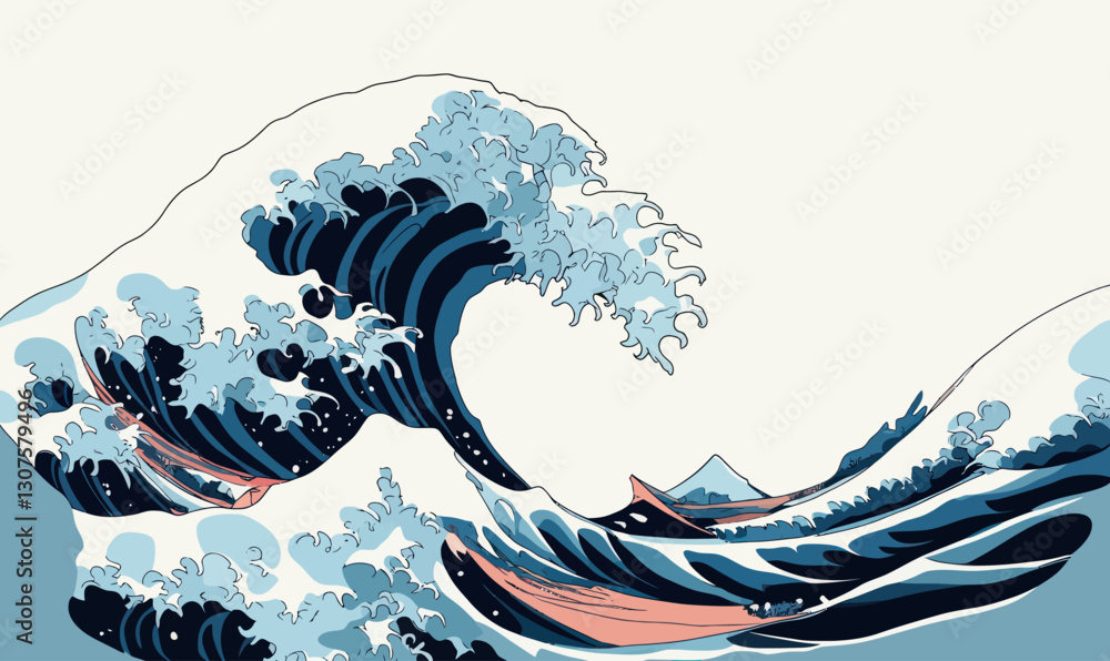 Poster minimalist tsunami wave cross-section illustrating hydrodynamic dynamics in vector art