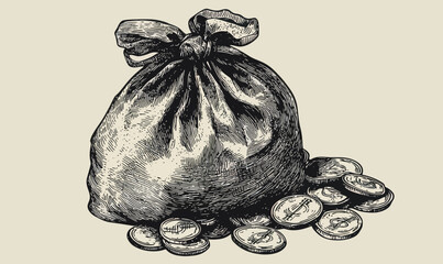Vintage Bag of Coins Ink Sketch Engraving, Minimalist Style Vector