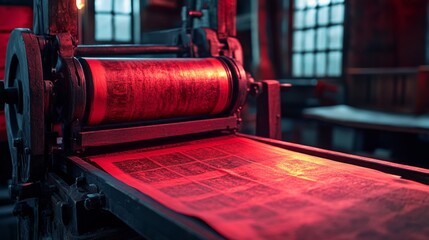 A vintage printing press in action, casting a warm glow. The intricate machinery embodies creativity and craftsmanship. Experience the magic of printmaking. Generative AI