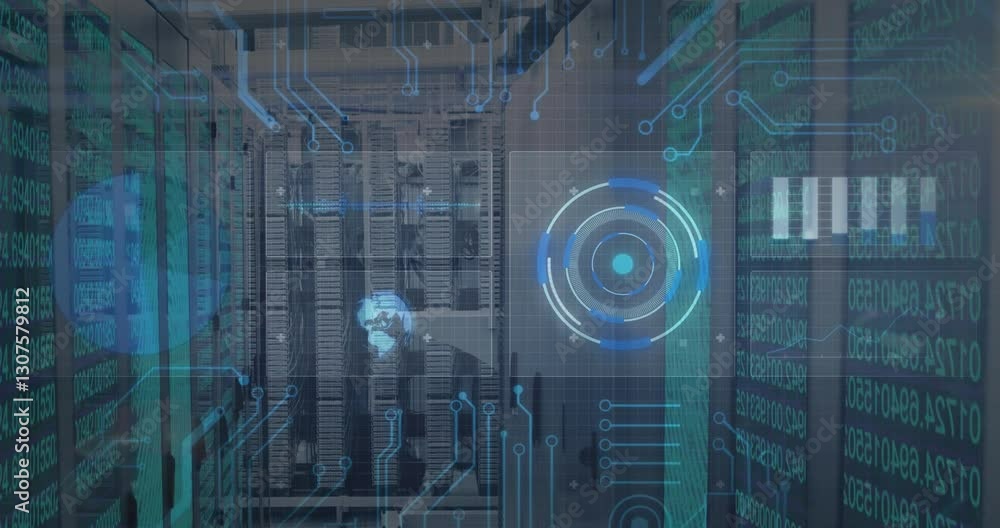Aufkleber animation of digital circuit patterns overlaying data servers in technology setting