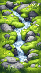Cascading stream flows through mossy rocks and wildflowers; idyllic nature scene, perfect for game backgrounds