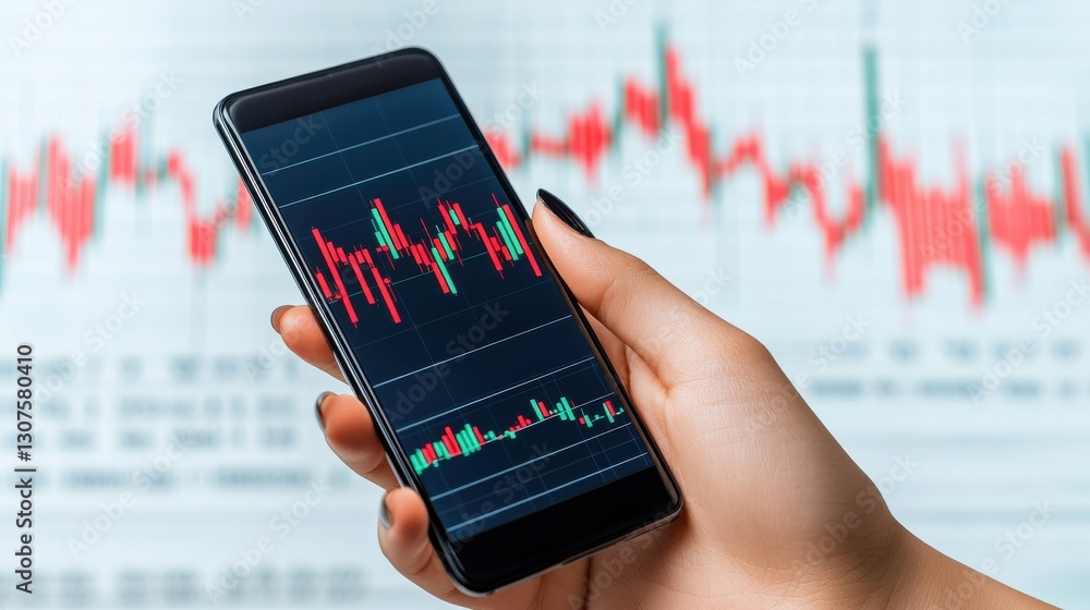 Poster hand holding smartphone showing stock market graph with red and green data points