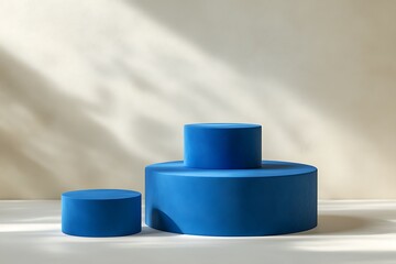 Blue Geometric Podium for Presentation: The podium's geometric shape and bold color, enhanced by dramatic light and shadow, transform the backdrop, enhancing product showcasing.
