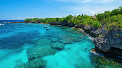 Island in the ocean with boats on the sea, perfect summer vacation travel destination, travel photography, landscape poster