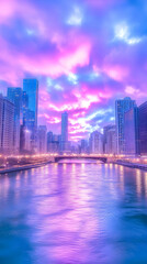 Obraz premium Chicago River skyline at dusk, vibrant sky reflects on water, ideal for phone wallpaper