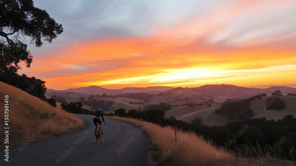 Poster cyclist rides toward glowing sunset in rolling hills with golden ratio composition generative ai