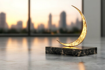 Golden crescent moon sculpture on marble base, city skyline sunset backdrop; ideal for Ramadan, Islamic celebrations, or spiritual themes