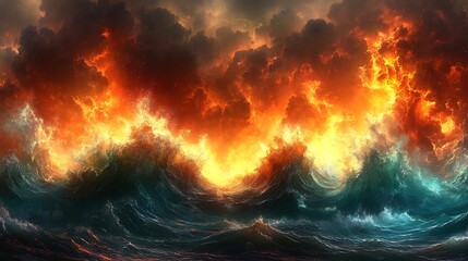 Fototapeta premium Fiery waves crash dramatically under a stormy sky intense orange and teal hues dominate this apocalyptic seascape. AI Generated