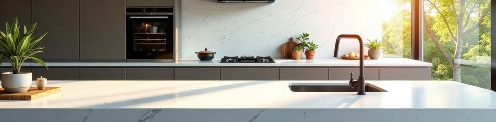 Sleek quartz countertops, modern kitchen panorama, clean, interior