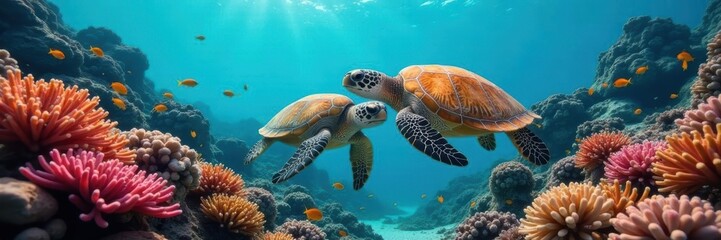 Sea turtles mating amidst vibrant coral reef, tropical fish ,  sea turtles,  wildlife conservation