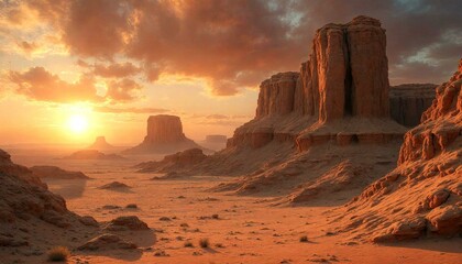 Fototapeta premium Desert Sunrise with Towering Rock Formations