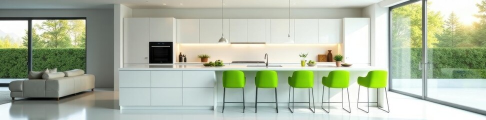 Sleek white kitchen, vibrant green chairs and island ,  interior design,  modern kitchen,  home decor