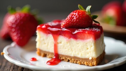 Close-up of a no-bake strawberry cheesecake slice showing texture , bake, culinary