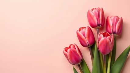 Obraz premium Bouquet of pink tulips on a pink background, flowers for Women's Day 8 March and Mother's Day