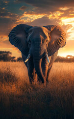 Obraz premium Elephant walks across a grassy savanna. Warm light from the sunset illuminates the landscape. Wildlife scene in a natural outdoor setting.