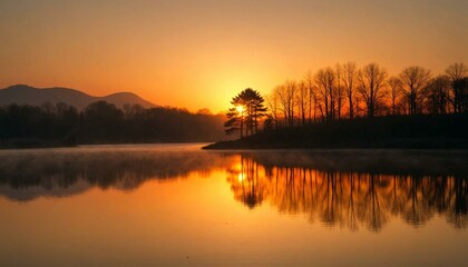 Fototapeta premium Serene Sunset Over Calm Lake with Mountains