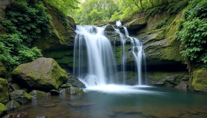 Obraz premium Serene Waterfall Cascading in Green Forest