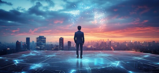 Visionary on the Skyline: A man in a business suit stands on a rooftop, gazing toward a digital stream descending from the sky, a breathtaking panorama of a cityscape at sunset.
