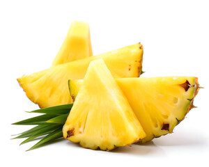 Fresh Pineapple Slices with Green Leaves on White Background