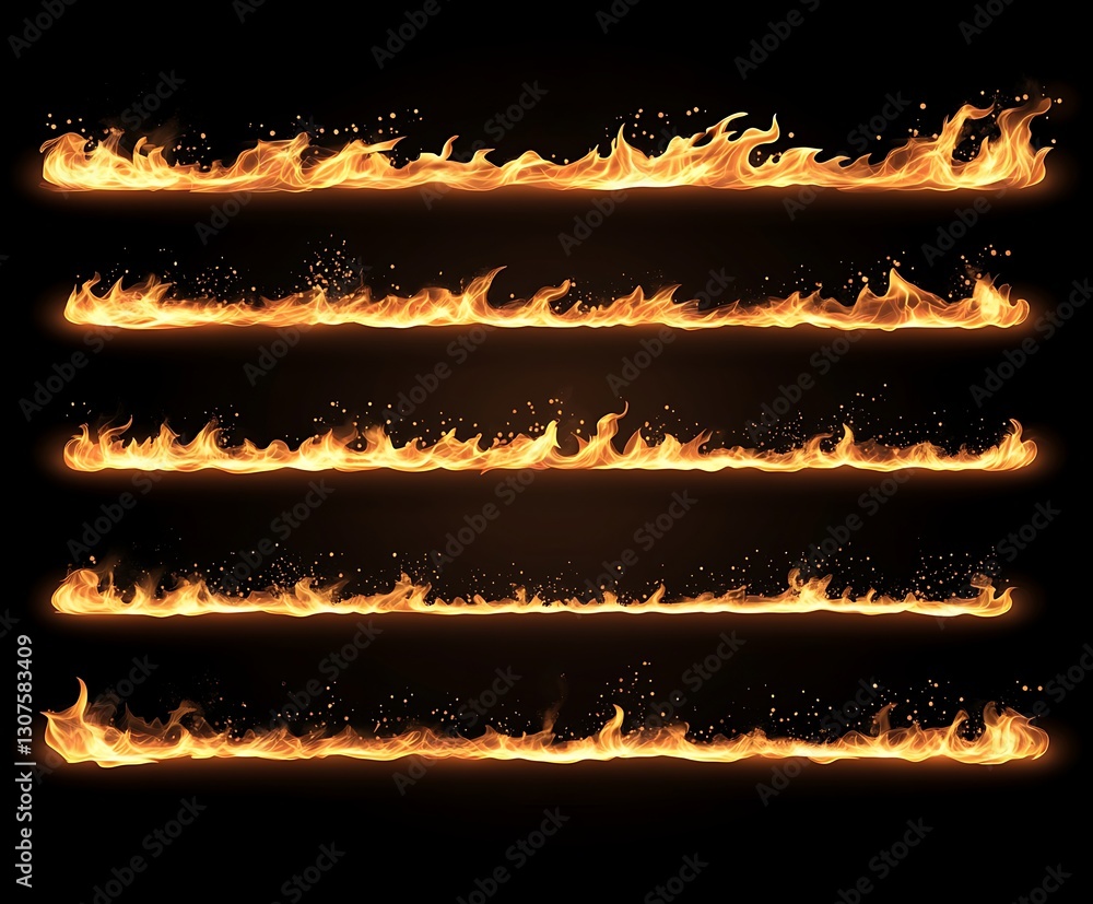 Poster blazing borders: a striking graphic showcasing stylized borders of fire, each element ablaze with dy