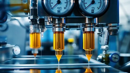 A medium closeup of a hightech injection molding machine in action with molten polymer being injected into a mold surrounded by gauges and control panels that reflect the complex production