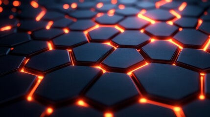 Fototapeta premium Abstract Dark Hexagon Pattern Glowing Orange Light. AI Generated