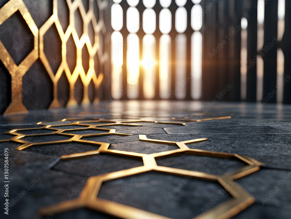 Poster golden hexagonal patterns on dark floor, futuristic architecture background, sunset glow, product di
