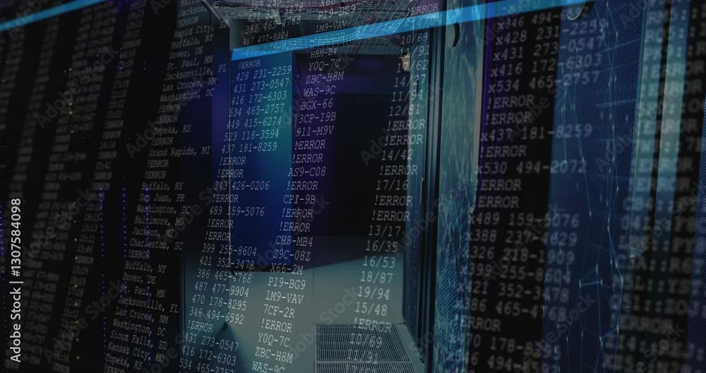 Poster animation of computer code and error messages over server racks in data center