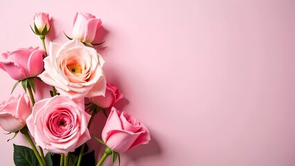 Bouquet of pink flowers on pink background, flowers for Women's Day 8 March and Mother's Day. Cute card with space for text.