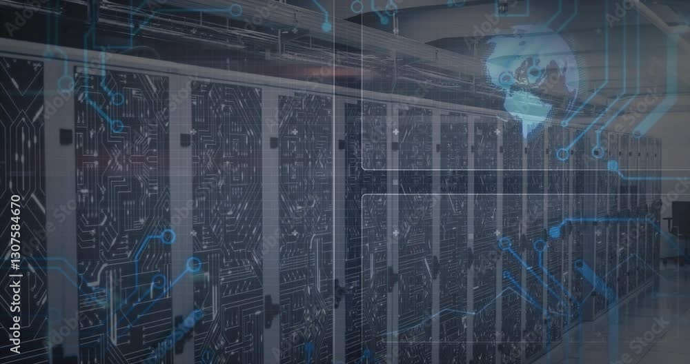 Poster in data center, digital network connections and data processing animation over servers