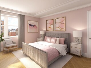 Fototapeta premium Stylish, modern bedroom with a soft pink color scheme, featuring a large bed, artwork, and decorative accents.