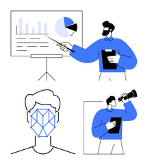 Team presenting data on charts, facial recognition analysis, professional observing future trends. Ideal for analytics, innovation, machine learning, business strategy, forecasting, biometrics flat