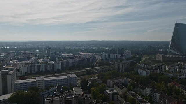 Aerial drone view of the Bornheim and Ostend districts in Frankfurt, Germany, showcasing a blend of historic charm, residential neighborhoods, and modern urban development 
