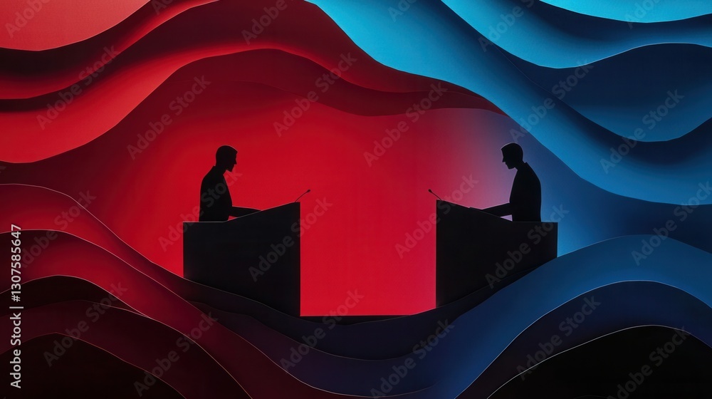 Poster Engaging political debate showcased through bold paper art with dynamic colors and layered silhouettes of two figures Generative AI