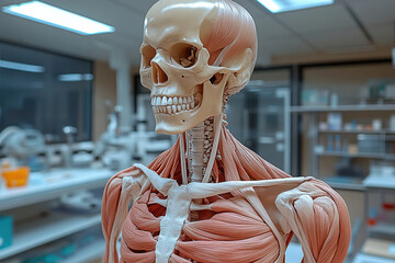 Detailed anatomical model of the human skeleton and muscles in a science lab setting for educational demonstration