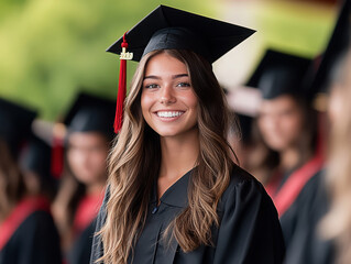 A young woman smiles confidently while wearing a graduation cap and gown at an outdoor ceremony filled with fellow graduates, celebrating a significant achievement on this special day.