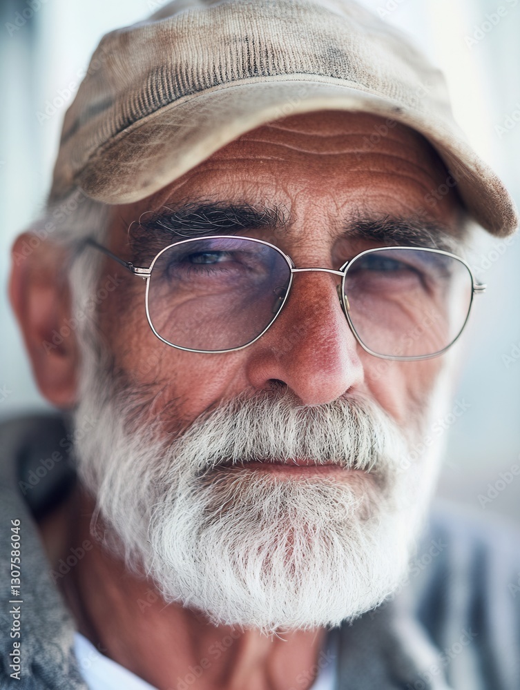 Poster elderly man with glasses and a cap showcases wisdom and experience in a close up portrait generative