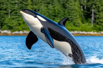Obraz premium A killer whale launching itself out of the water in an impressive display of agility