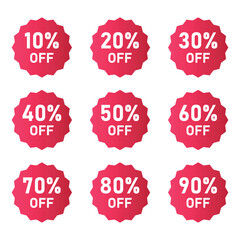 Set of sale tags and labels. Shopping stickers and badges vector mockup. Discount sale off tag, 50, 20, 10, 40, 30, 60, 70, 80, 90 percent.Set sale offer emblem, badge price discount number. Flat offe
