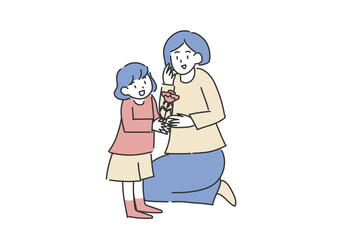 母の日にお母さんにカーネーションを贈る娘のイラスト