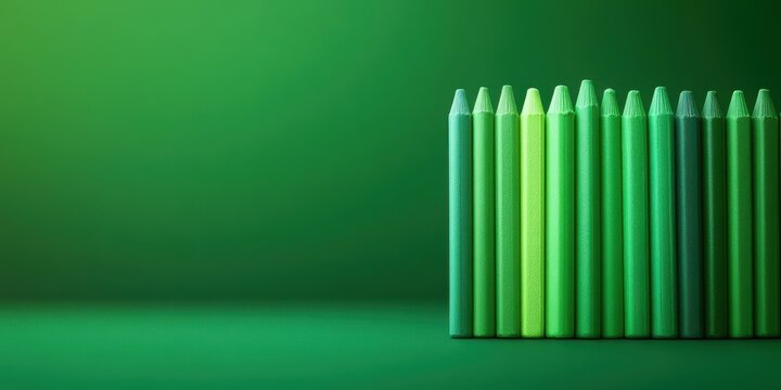 Variety of green crayons arranged vertically with smooth green background highlighting their different shades
