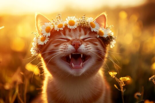 Vacation time happiness. Golden hour in sunset. Cute adult cat pixiebob wearing free flower crown on its head. Cat surrounded by flowers. Flower-adorned cat in nature. Summer retreat for pet.