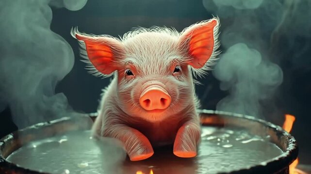 Pink piglet in a steaming cauldron